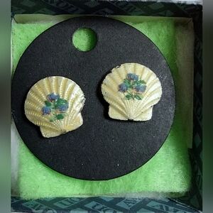 Hand Painted Flowers on Seashells Pierced Earrings